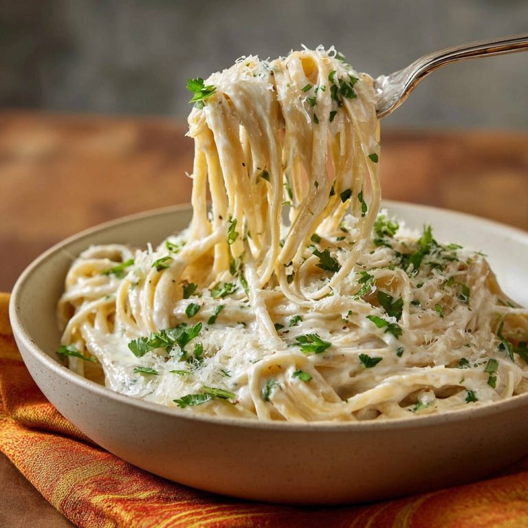 Cremige Pasta in Nahaufnahme mit einer Gabel, die perfekt cremige Soße und frisch gehackte Kräuter zeigt, angerichtet in einer rustikalen Schüssel.