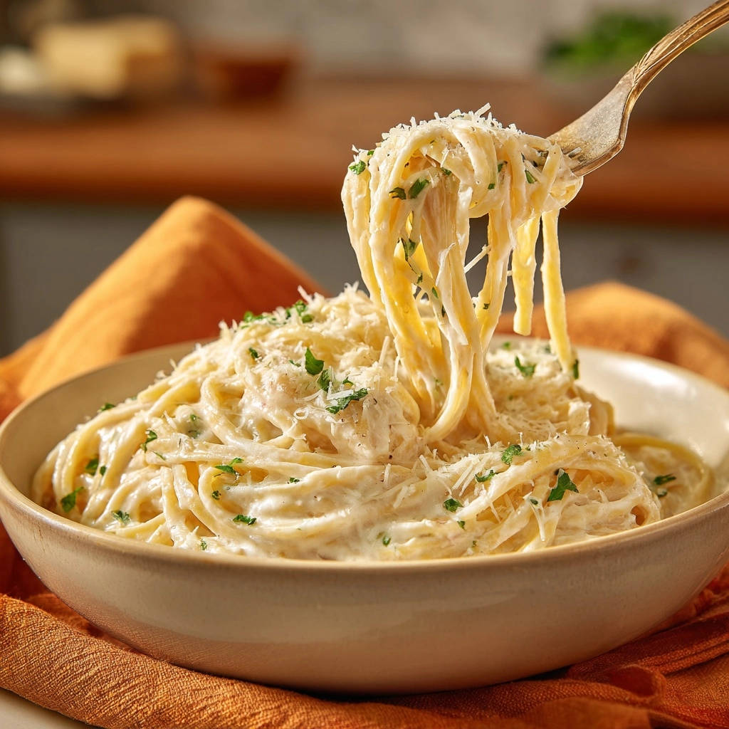 Cremige Pasta Naheinstellung Mit Gabel 1 Cremige Pasta wird mit einer goldenen Gabel hochgehoben, die Nudeln sind mit Soße und geriebenem Käse bedeckt, Detailaufnahme.