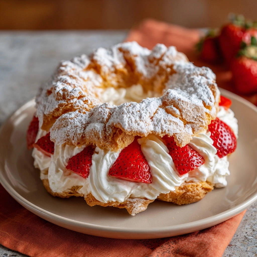 Erdbeer Windbeutel, serviert auf einem Teller, mit frischer Sahne und Erdbeeren, die zu einem köstlichen Dessert verarbeitet wurden.