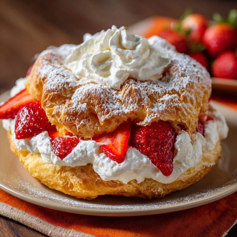 Erdbeer Windbeutel, serviert auf einem beigen Teller, mit reichlich Schlagsahne und frischen Erdbeeren gefüllt.