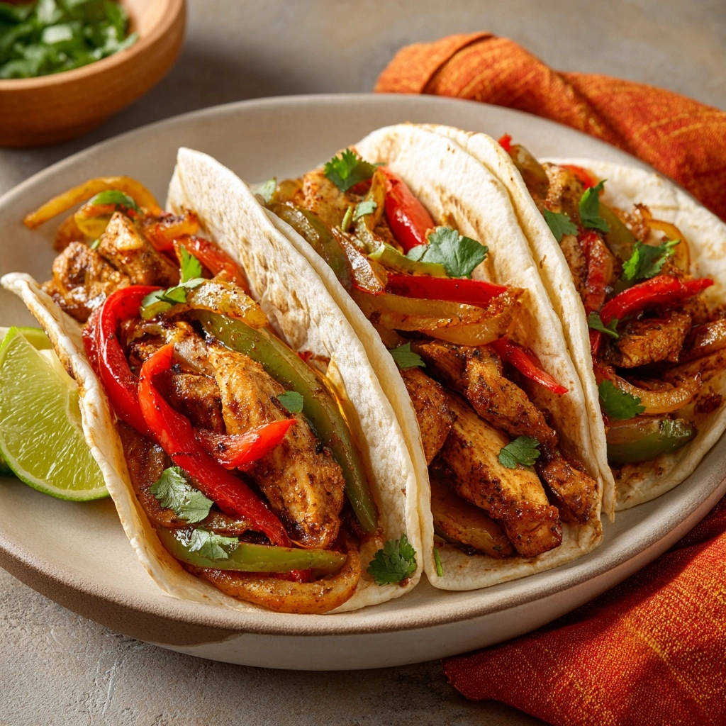 Hähnchen Fajitas saftig und zart, nahaufnahme von drei servierten Fajitas gefüllt mit Hähnchenstreifen und Paprika auf einem Teller mit Limettenspalten.