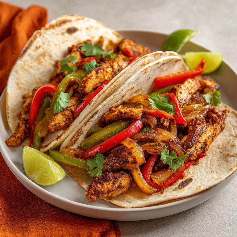 Hähnchen Fajitas nahaufnahme serviert auf Tortillas mit Paprika, Zwiebeln und Limettenspalten, garniert mit Koriander.