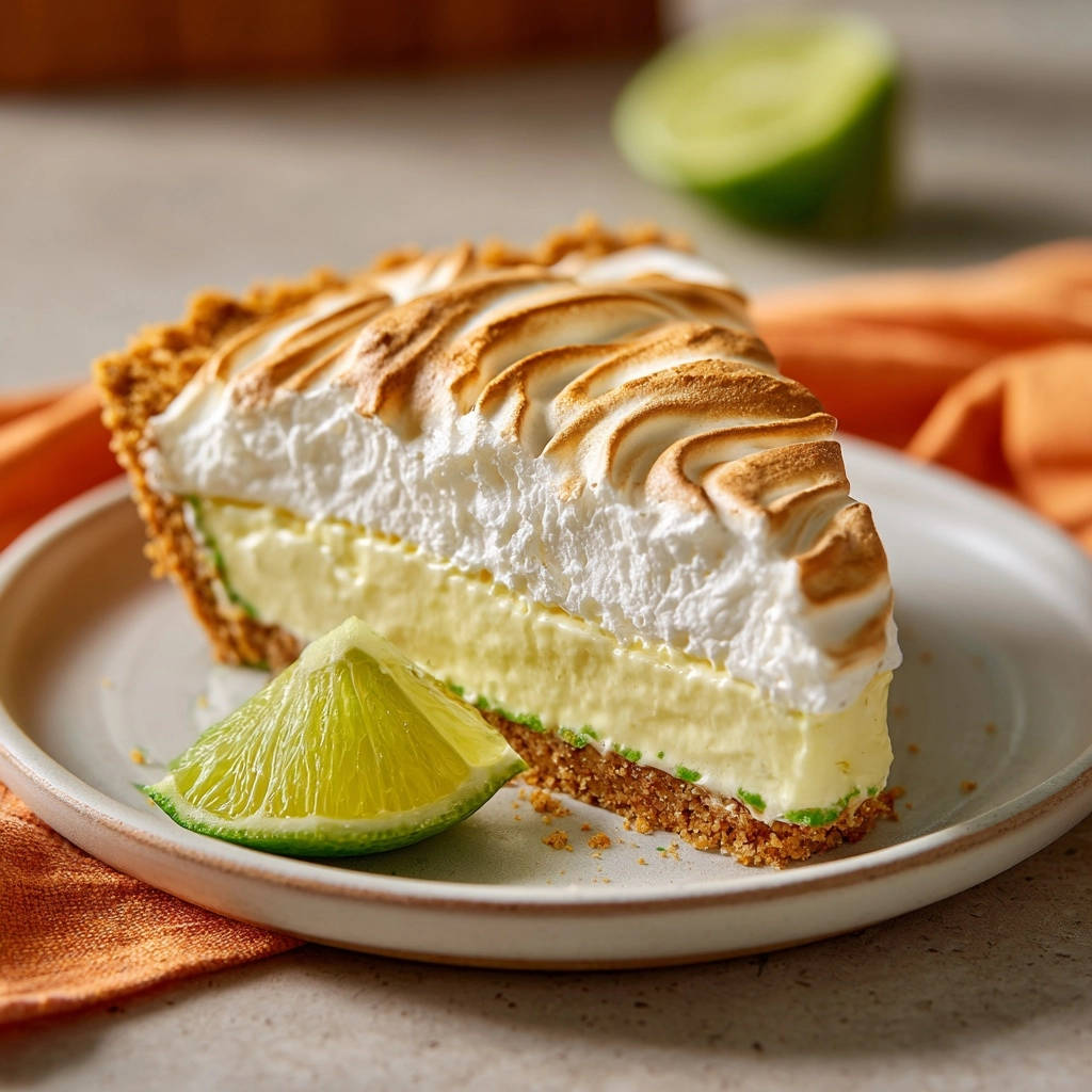 Limetten Baiser Torte Querschnitt Serviert 1 Limetten-Baiser-Torte in Nahaufnahme: Ein köstlicher Anschnitt zeigt die cremige Füllung und das perfekt gebräunte Baiser auf einem Teller serviert.