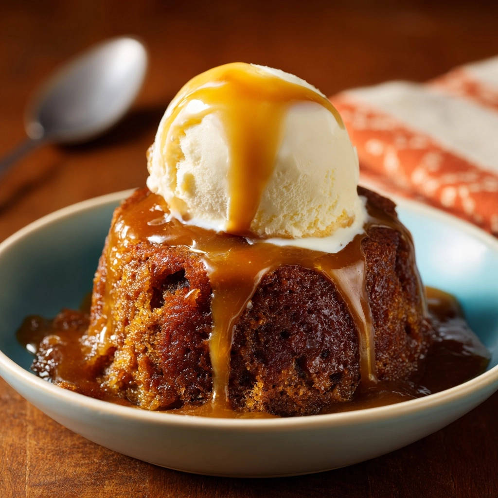 Toffee Pudding, serviert mit einer Kugel Vanilleeis und reichlich Karamellsauce, in einer Nahaufnahme von oben. Ein köstliches Dessert.