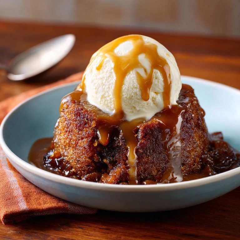Toffee Pudding, serviert mit einer Kugel Vanilleeis und klebriger Karamellsauce, ein unwiderstehliches Dessert.