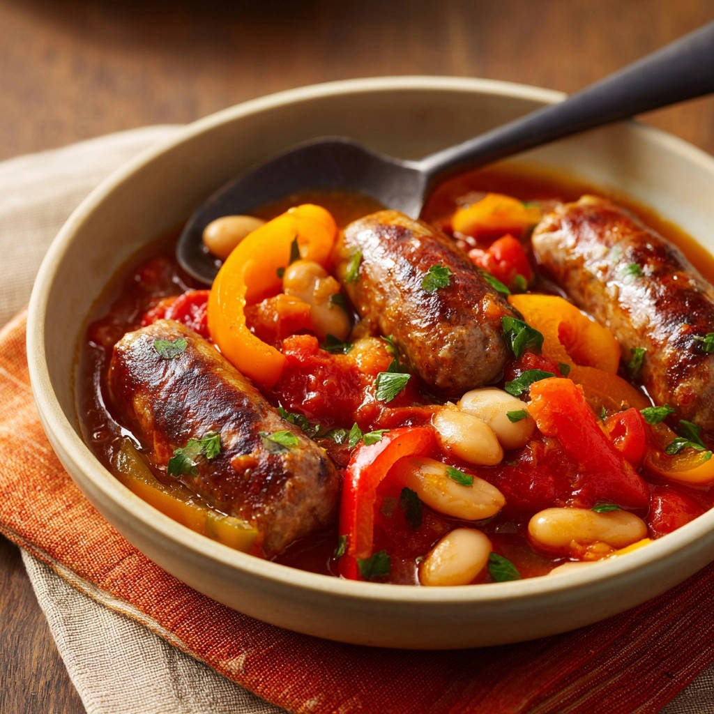Wurst Bohnen Eintopf Nahaufnahme 1 Wurst-Bohnen-Eintopf in einer Schüssel, Nahaufnahme der saftigen Wurst, Bohnen und Paprika in der Tomatensoße. Ein köstliches herzhaftes Gericht.