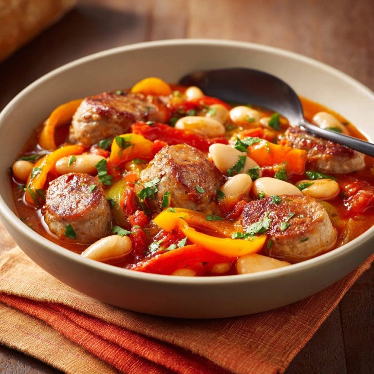 Wurst-Bohnen-Eintopf mit saftiger Wurst, weißen Bohnen und Paprikastreifen, nah aufgenommen in einer Schüssel.