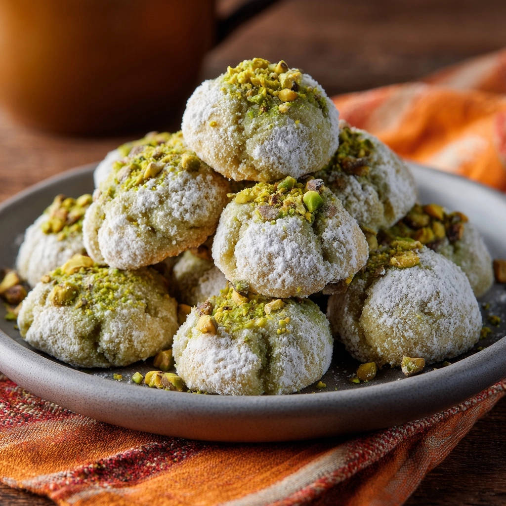 Zarte Pistazien-Mürbchen mit Puderzucker