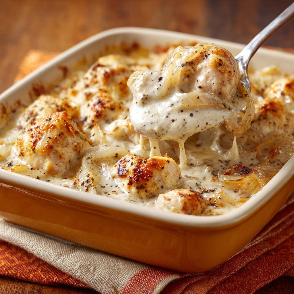 Cremiges Ofenhähnchen mit karamellisierten Zwiebeln