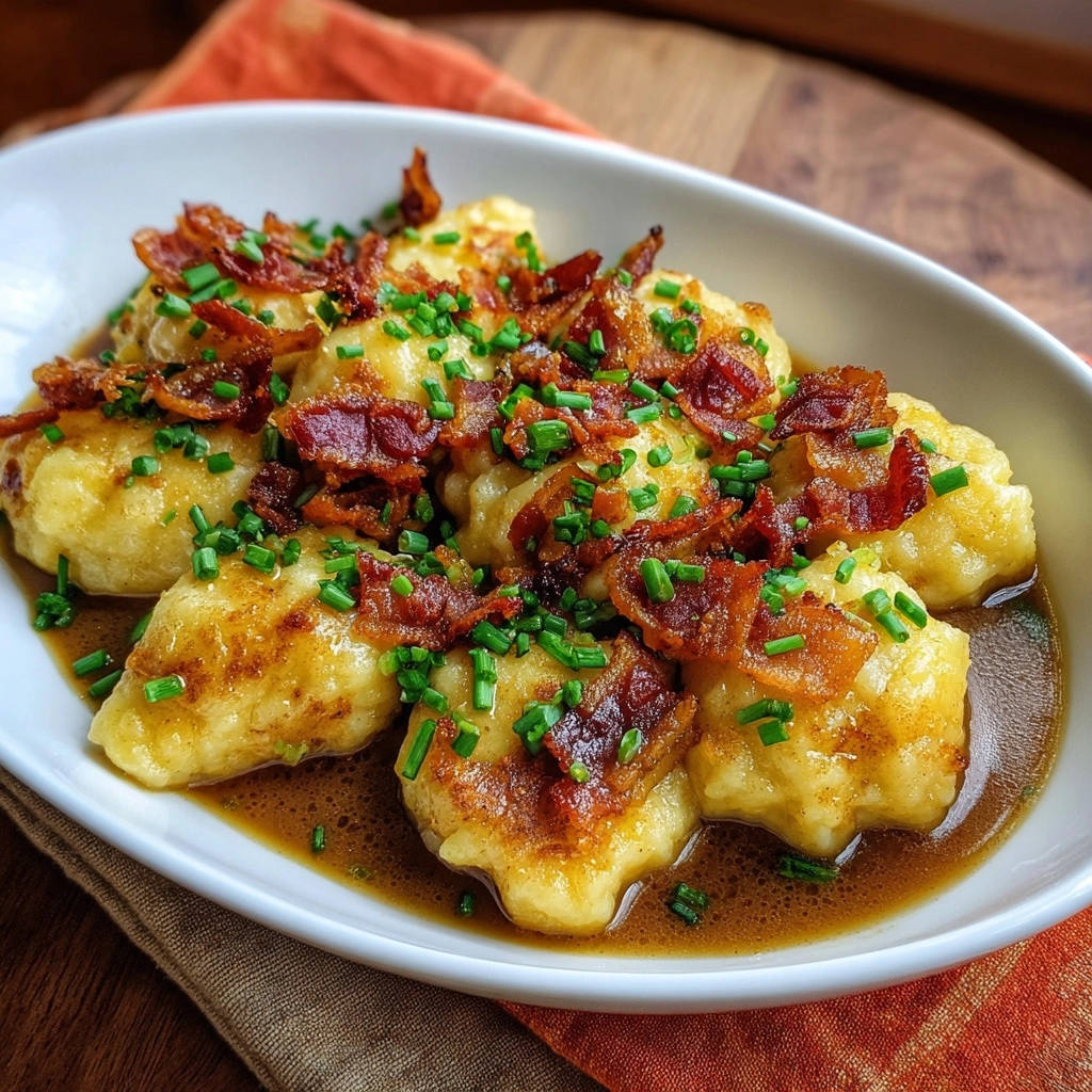 Herzhafte Kartoffelklöße mit knusprigem Speck und Bratensoße