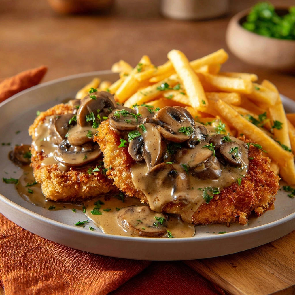 Knuspriges Hähnchenschnitzel mit cremiger Pilzrahmsoße
