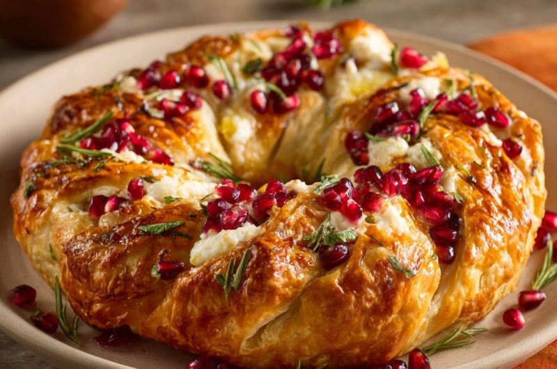 Blätterteig-Kranz mit Feta, Granatapfel und Rosmarin