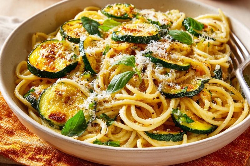 Cremige Spaghetti mit goldbrauner Zucchini
