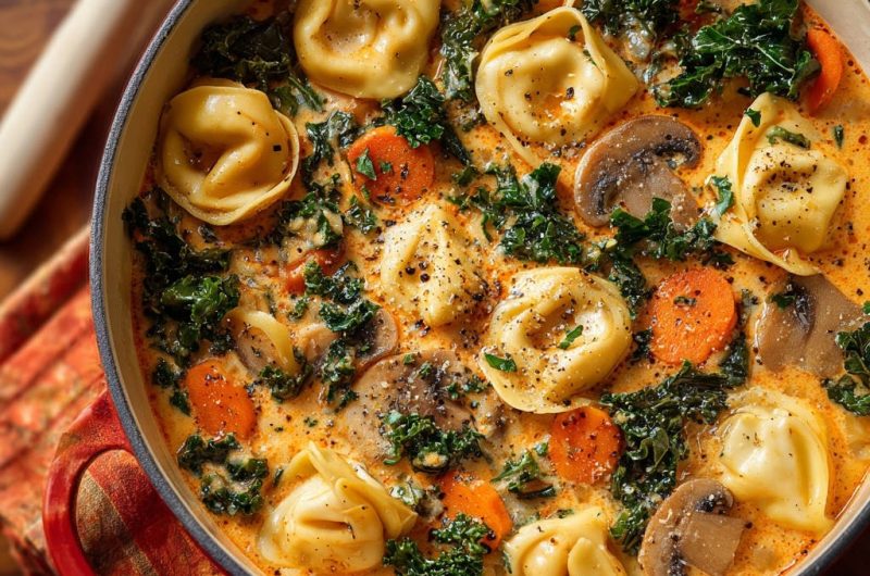 Cremige Tortellini-Suppe mit Grünkohl und Pilzen