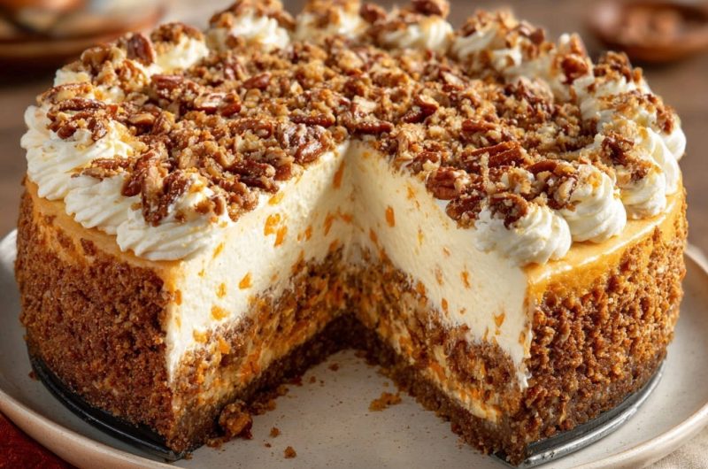 Cremiger Karottenkuchen-Cheesecake mit Pekannuss-Streuseln