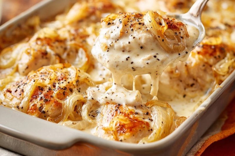 Cremiges Ofenhähnchen mit karamellisierten Zwiebeln