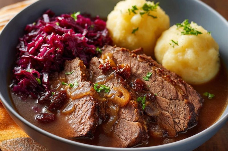Deftiger Rinderbraten mit Rotkohl und Knödeln