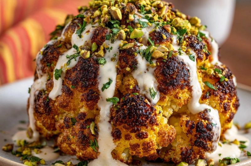Ganzer Ofen-Blumenkohl mit Tahini-Dressing und Pistazien