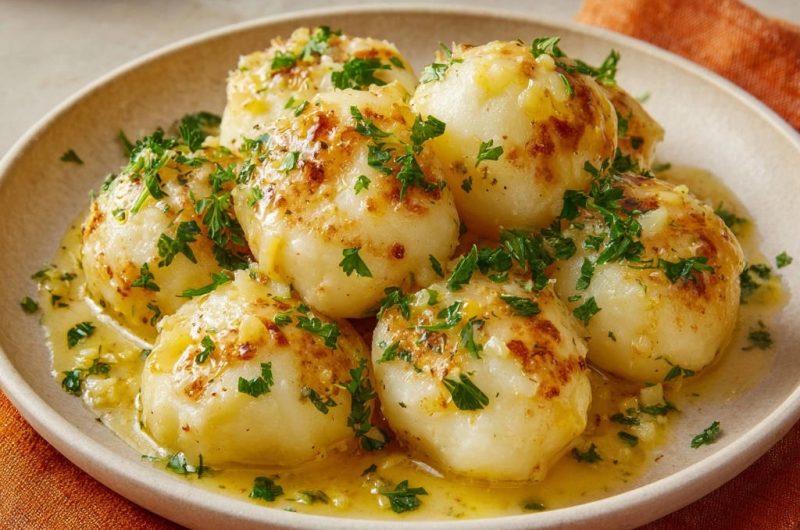 Goldbraune Kartoffelknödel in Knoblauchbutter