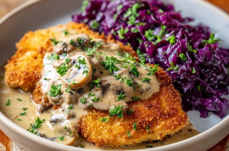 Goldbraunes Jägerschnitzel mit Rotkohl
