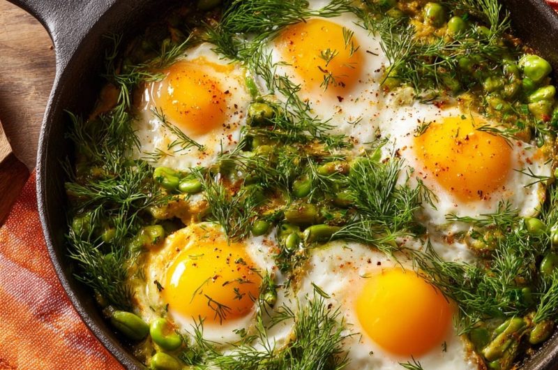 Herzhafte Eierpfanne mit Bohnen und Dill