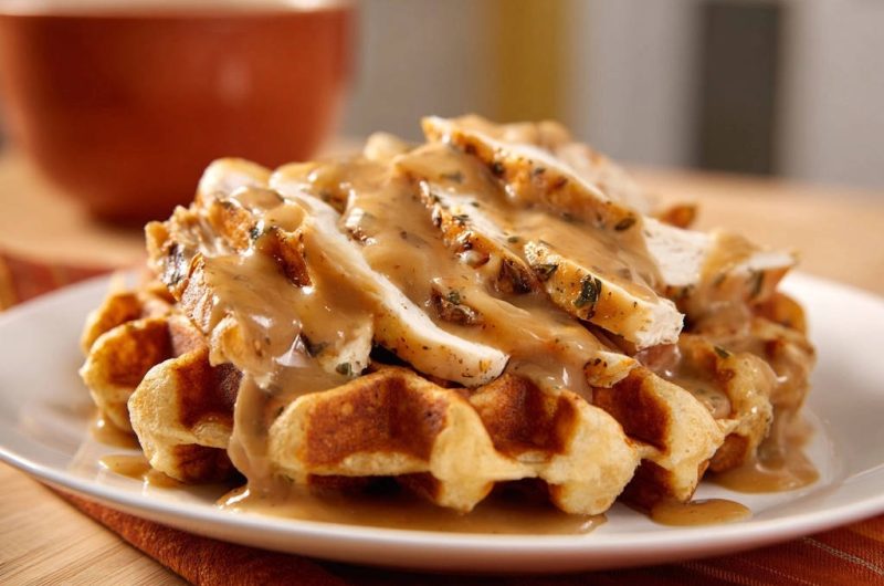 Herzhaftes Hähnchen mit Waffeln und cremiger Kräutersoße