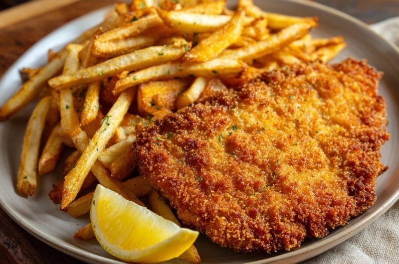 Knuspriges Hähnchen-Schnitzel mit Pommes Frites