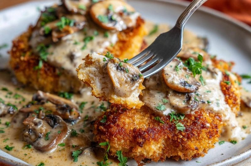 Knuspriges Hähnchenschnitzel mit Pilzrahmsoße