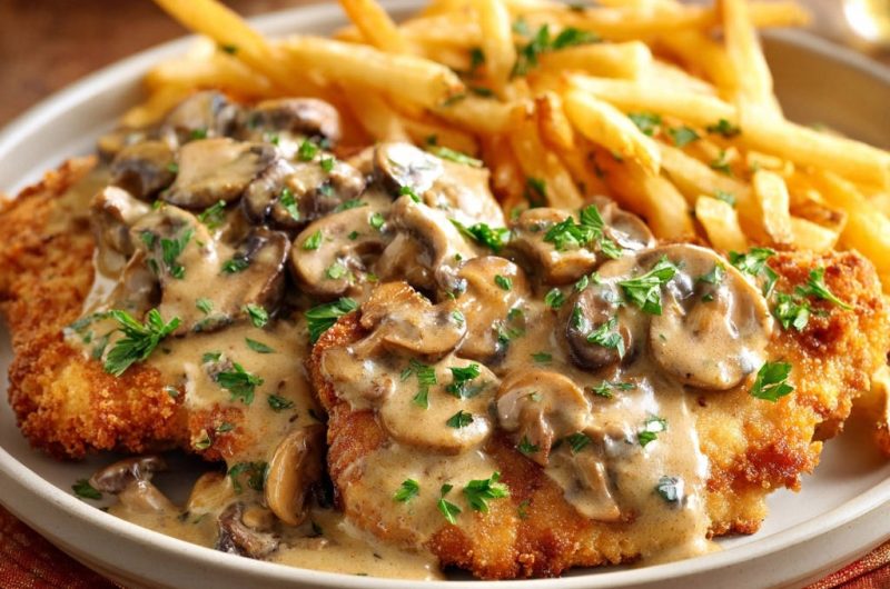 Knuspriges Hähnchenschnitzel mit cremiger Pilzrahmsoße