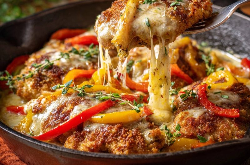 Saftige Hähnchenschnitzel mit Paprika-Käse-Decke