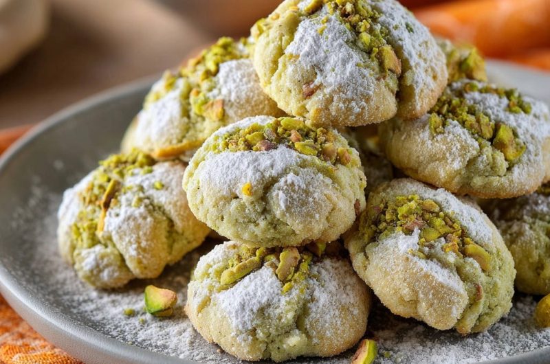 Zarte Pistazien-Mürbchen mit Puderzucker