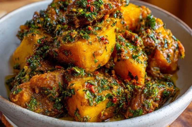 Zarte Yamswürfel mit aromatischer Kräutersauce