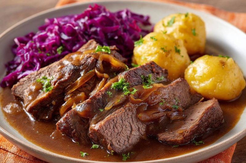 Zarter Rinderbraten mit Rotkohl und Klößen
