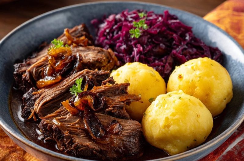 Zarter Rinderschmorbraten mit Klößen und Rotkohl