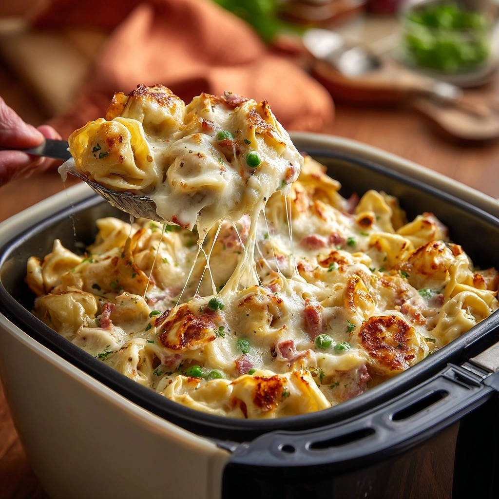 Air Fryer Tortellini Gratin Kaese Zieht 1 Air Fryer Tortellini-Gratin mit geschmolzenem Käse, der sich beim Abheben vom Auflauf zieht. Ein köstliches, cremiges Gericht.