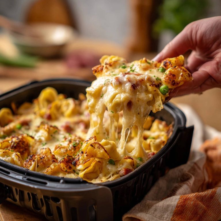 Air Fryer Tortellini-Gratin, mit geschmolzenem Käse, der sich zu langen Fäden zieht, ein unwiderstehlicher Genuss.