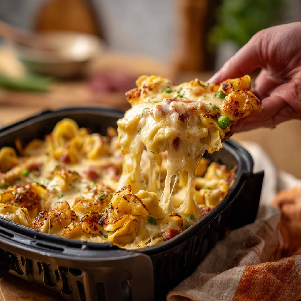Air Fryer Tortellini-Gratin, mit geschmolzenem Käse, der sich zu langen Fäden zieht, ein unwiderstehlicher Genuss.