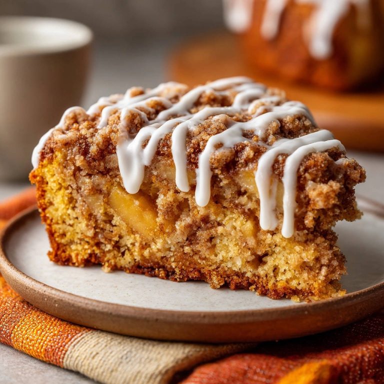 Apfel-Streuselkuchen mit Zimtglasur im Anschnitt, präsentiert auf einem Teller, mit saftigem Innenleben und knusprigen Streuseln.