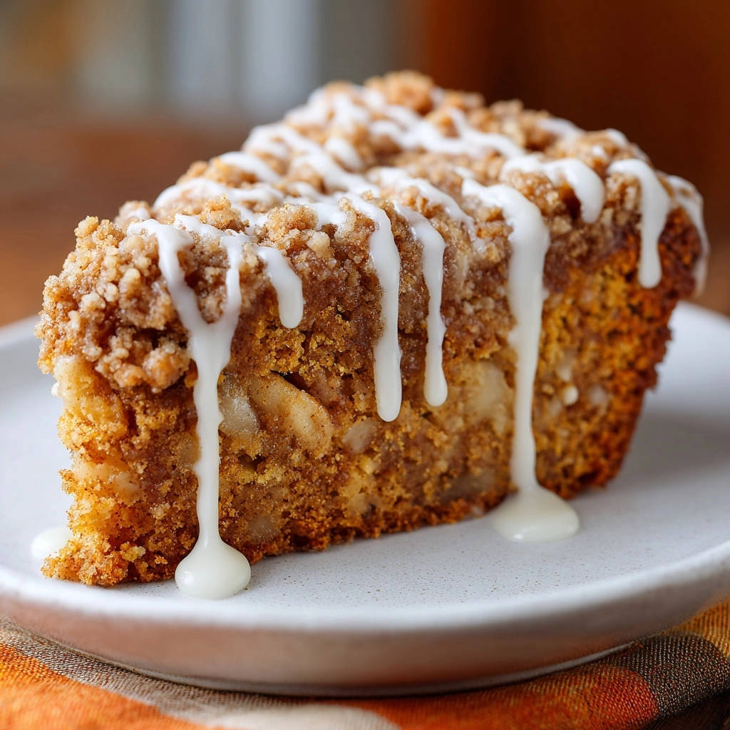 Apfel-Streuselkuchen mit Zimtglasur im Anschnitt serviert, mit saftigem Kuchen und knusprigen Streuseln, die mit Zimtglasur beträufelt sind.
