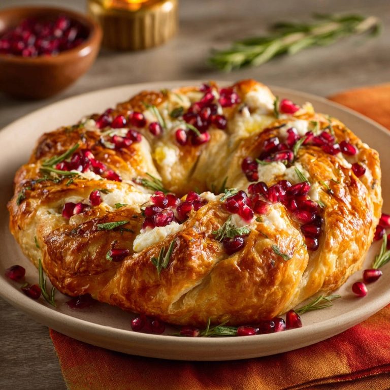 Blätterteig-Kranz mit Feta, Granatapfel und Rosmarin, köstlich garniert mit frischen Granatapfelkernen und Rosmarinzweigen, serviert auf einem Teller.