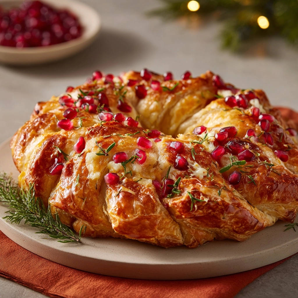 Blaetterteig Kranz Mit Feta Granatapfel Draufsicht 1 Blätterteig-Kranz mit Feta, Granatapfel und Rosmarin in Nahaufnahme: Ein festlich angerichteter Kranz mit knusprigem Gebäck und fruchtigen Granatapfelkernen.