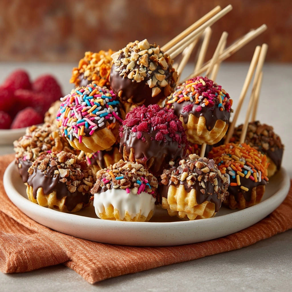 Bunte Waffel-Pops für die Party!, serviert auf einem weißen Teller, dekoriert mit farbenfrohen Streuseln und Nüssen. Die Waffel-Pops sind mit Schokolade überzogen.