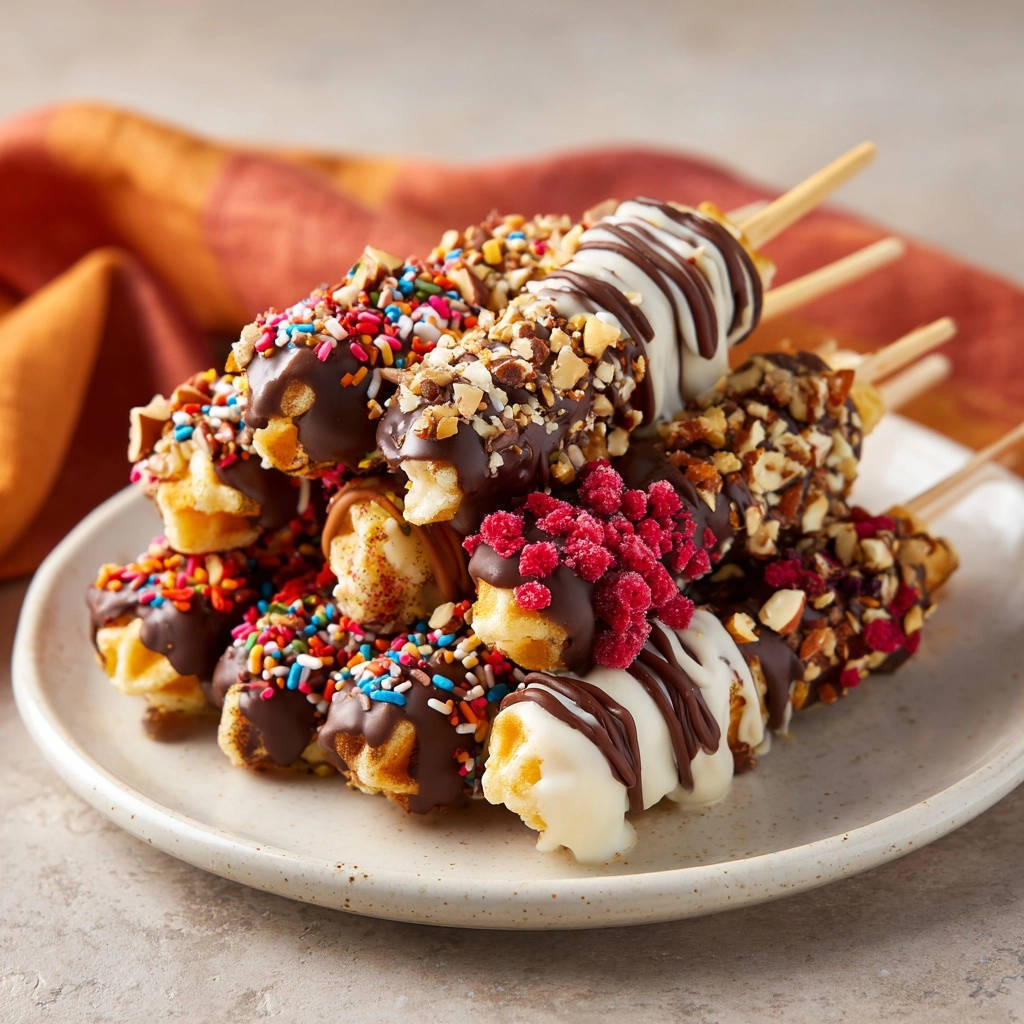 Bunte Waffel Pops Fuer Die Party Nahaufnahme 1 Bunte Waffel-Pops für die Party, nah aufgenommen: Diese süßen Snacks sind mit bunten Streuseln, Nüssen und Schokolade verziert.