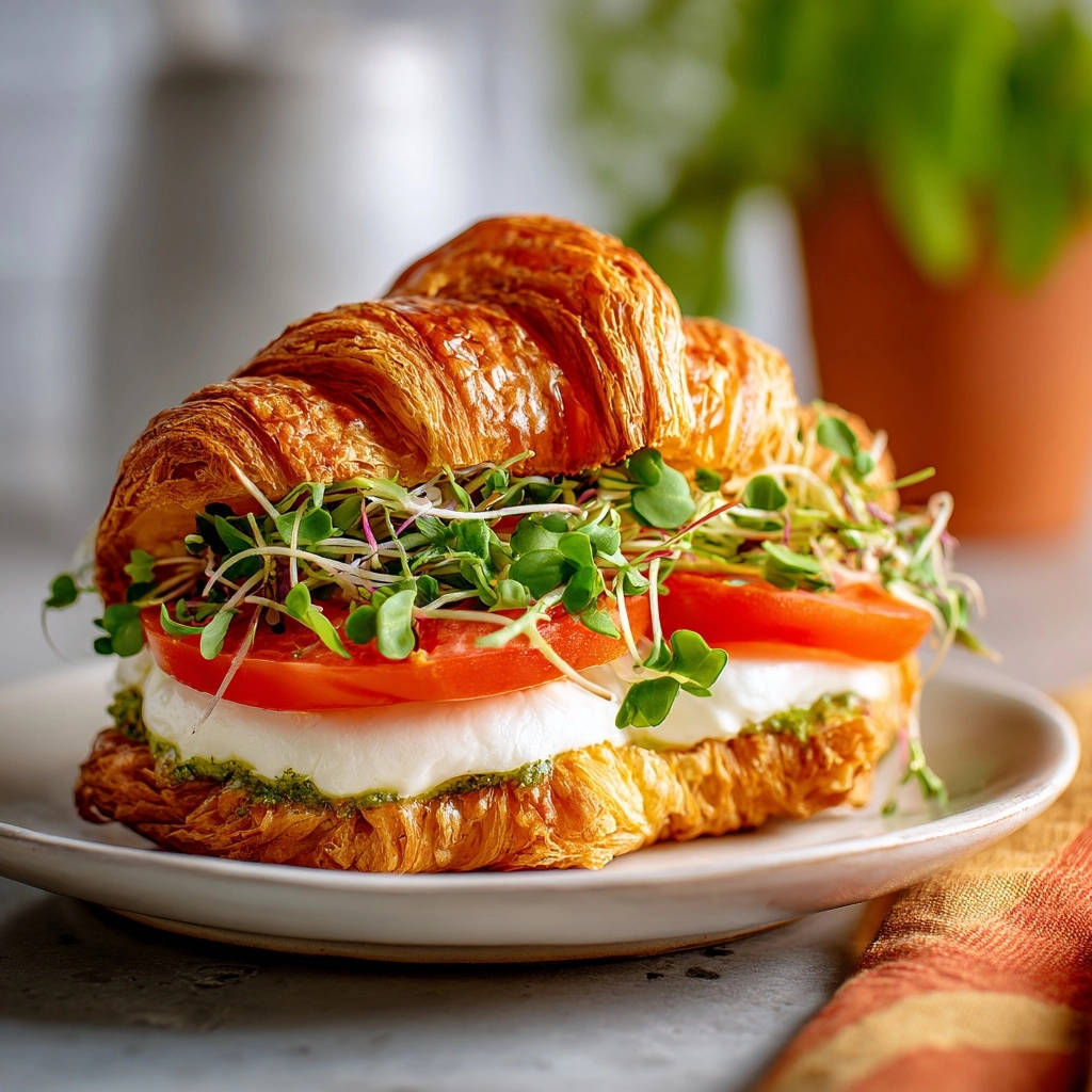 Caprese Croissant Sandwich mit einem appetitlichen Querschnitt, der die saftigen Tomaten und den cremigen Mozzarella zeigt.