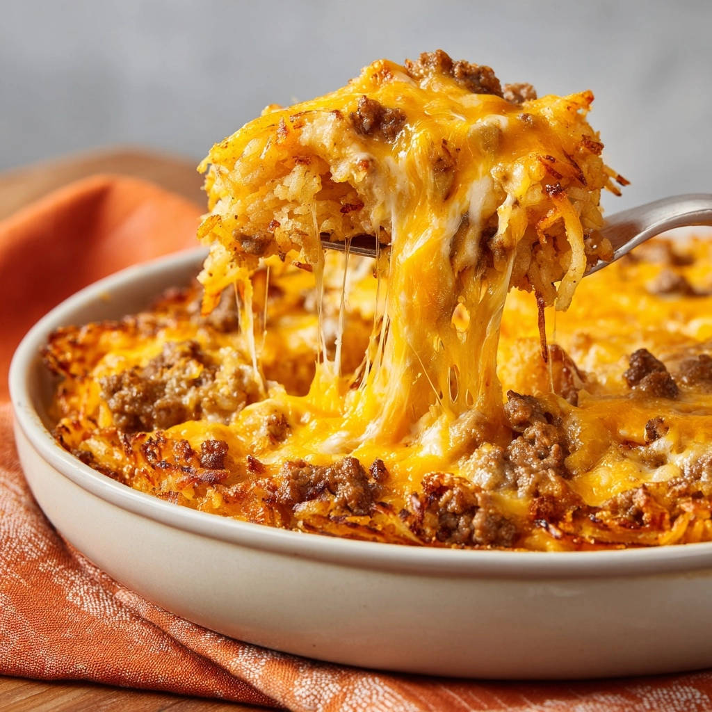 Cheesy Hackfleisch-Kartoffel-Auflauf, serviert auf einer Gabel, zeigt geschmolzenen Käse und knusprige Kartoffeln. Ein herzhaftes Gericht zum Genießen.