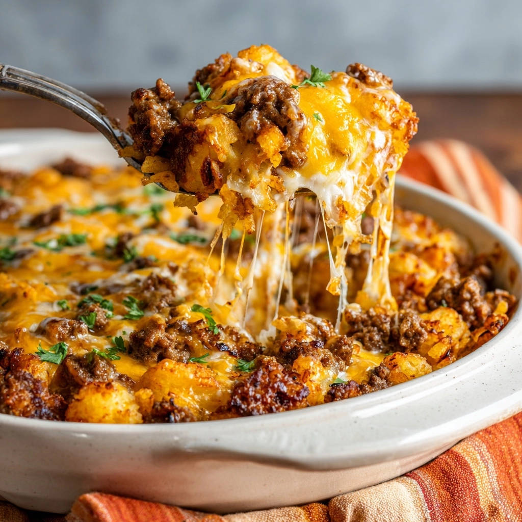 Cheesy Hackfleisch-Kartoffel-Auflauf mit geschmolzenem Käse, der sich auf einer Gabel dehnt. Die Nahaufnahme zeigt die knusprigen Kartoffeln und das Hackfleisch.