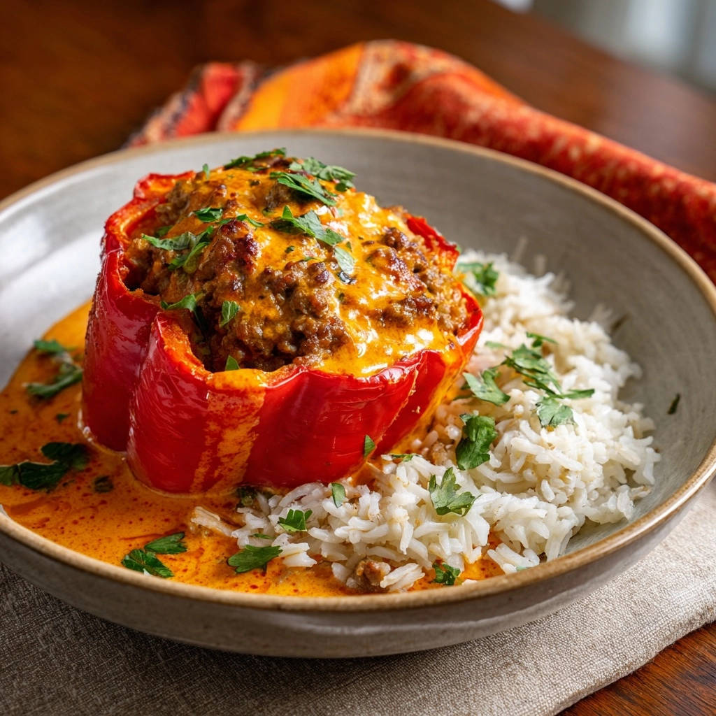 Cremige Gefüllte Paprika auf Reis in einer Schüssel serviert, garniert mit frischer Petersilie und umgeben von cremiger Sauce.