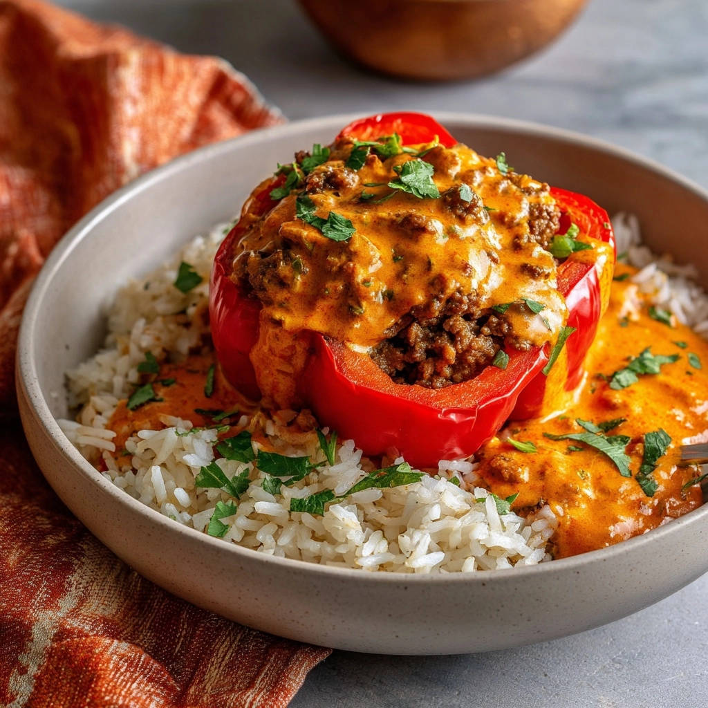 Cremige gefüllte Paprika auf Reis in einer Schüssel serviert, mit cremiger Sauce und frischer Petersilie garniert. Ein herzhaftes Gericht zum Genießen.