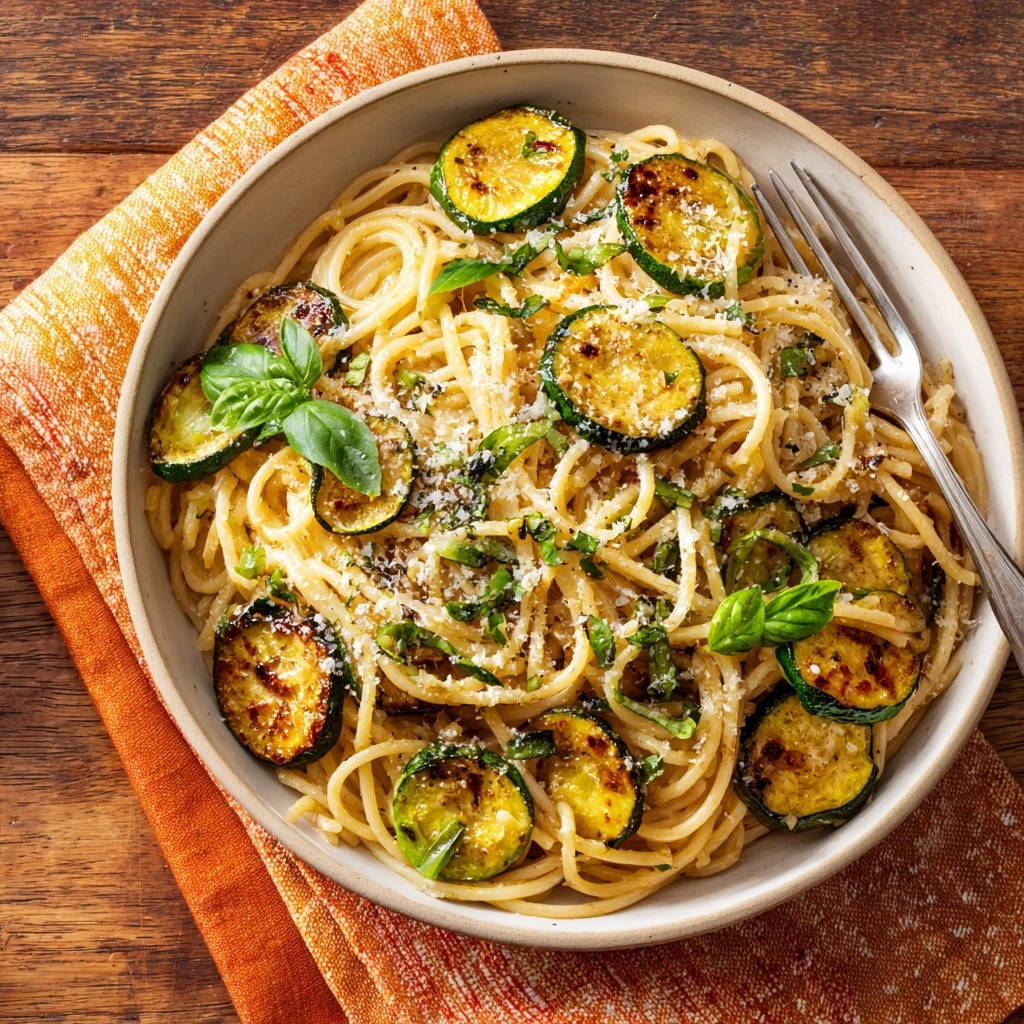 Cremige Spaghetti Mit Zucchini Draufsicht Serviert 1 Cremige Spaghetti mit goldbrauner Zucchini, serviert in einer Schüssel. Ein köstliches Nudelgericht, das mit frischen Basilikumblättern und Parmesan garniert ist.