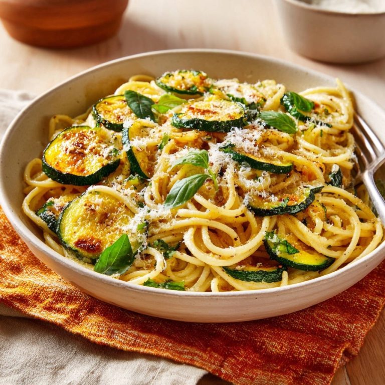 Cremige Spaghetti mit goldbrauner Zucchini, serviert in einer cremefarbenen Schüssel, garniert mit frischem Basilikum und geriebenem Käse.